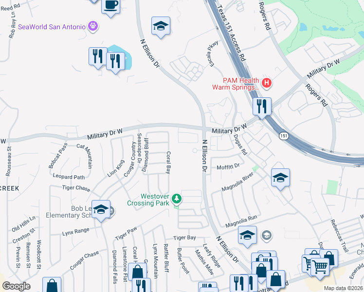 map of restaurants, bars, coffee shops, grocery stores, and more near 1515 Tempestuous in San Antonio