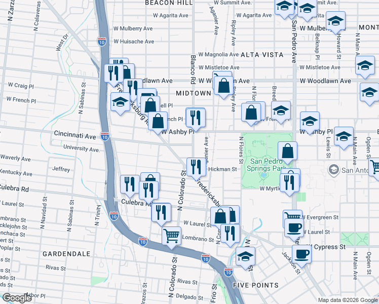 map of restaurants, bars, coffee shops, grocery stores, and more near 216 Blanco Road in San Antonio