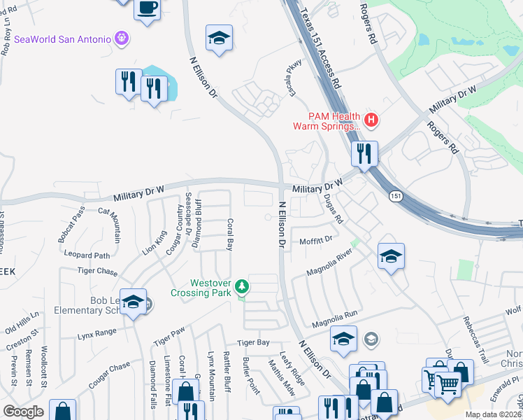 map of restaurants, bars, coffee shops, grocery stores, and more near 10126 Tempestuous in San Antonio