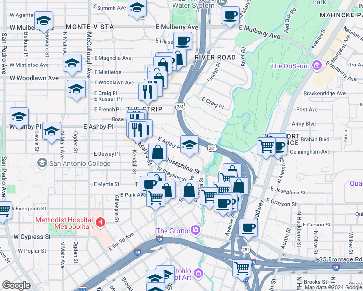 map of restaurants, bars, coffee shops, grocery stores, and more near 805 East Ashby Place in San Antonio