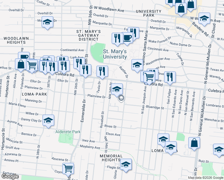 map of restaurants, bars, coffee shops, grocery stores, and more near 243 Cornelia Avenue in San Antonio