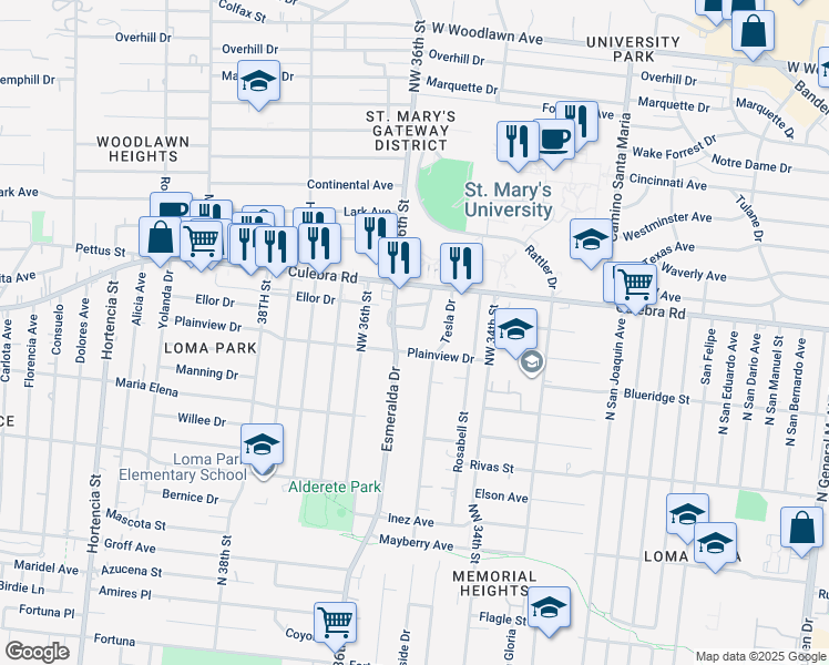 map of restaurants, bars, coffee shops, grocery stores, and more near 207 Vanley Drive in San Antonio