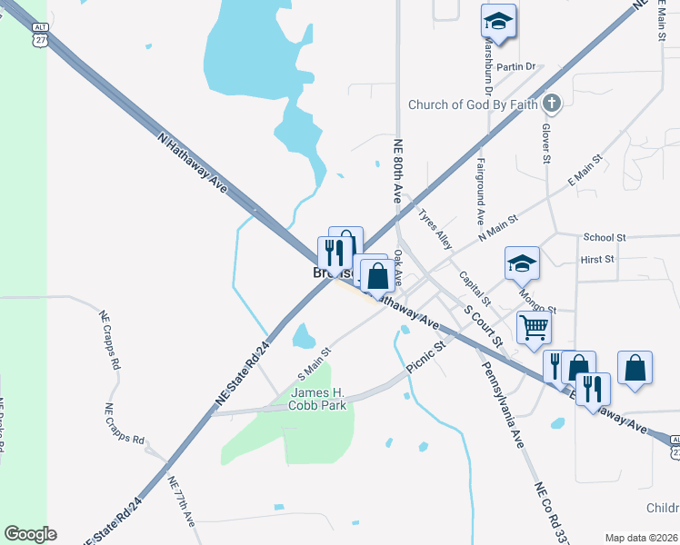 map of restaurants, bars, coffee shops, grocery stores, and more near in Bronson