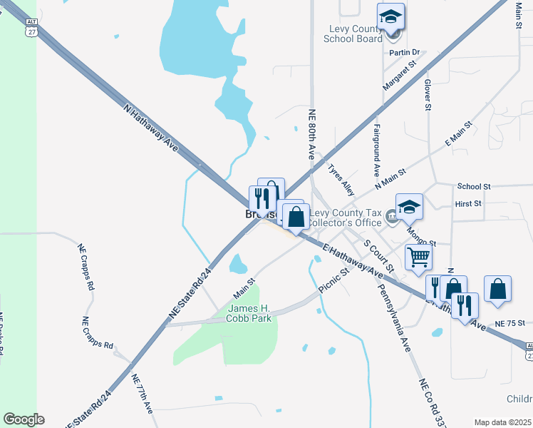 map of restaurants, bars, coffee shops, grocery stores, and more near in Bronson