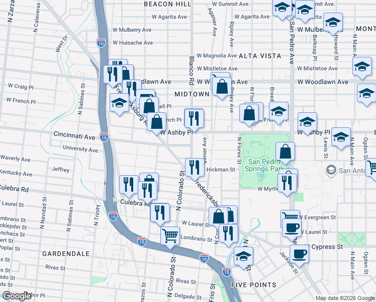 map of restaurants, bars, coffee shops, grocery stores, and more near 216 Blanco Road in San Antonio