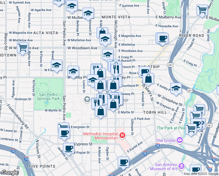 map of restaurants, bars, coffee shops, grocery stores, and more near 200 East Courtland Place in San Antonio