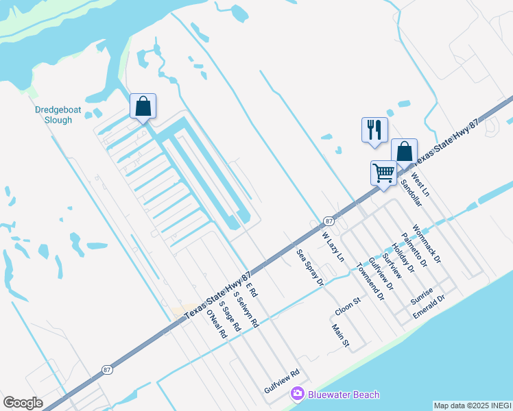 map of restaurants, bars, coffee shops, grocery stores, and more near 1085 Lagoon Drive in Bolivar Peninsula