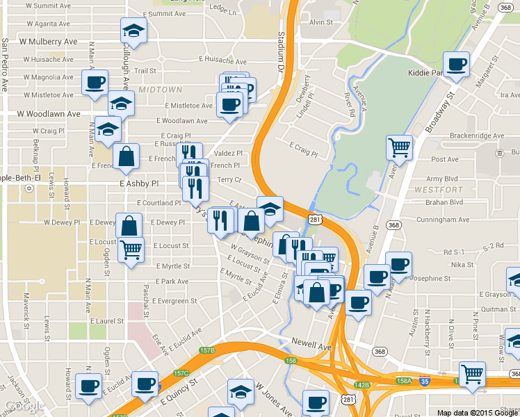 map of restaurants, bars, coffee shops, grocery stores, and more near 749 East Ashby Place in San Antonio