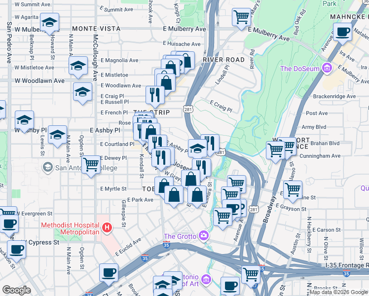 map of restaurants, bars, coffee shops, grocery stores, and more near 749 East Ashby Place in San Antonio