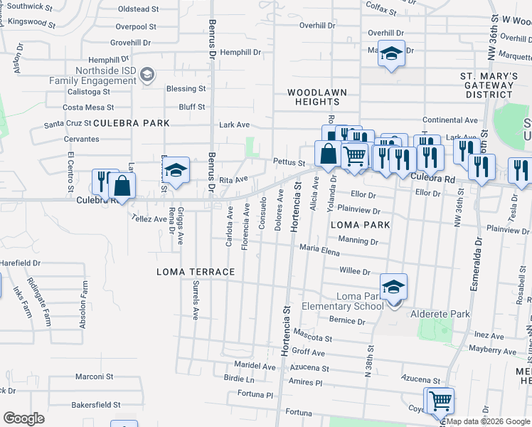map of restaurants, bars, coffee shops, grocery stores, and more near 351 Dolores Avenue in San Antonio