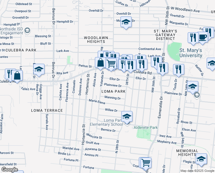 map of restaurants, bars, coffee shops, grocery stores, and more near 858 Plainview Drive in San Antonio