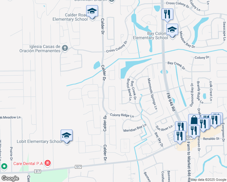 map of restaurants, bars, coffee shops, grocery stores, and more near 6710 Hidden Colony Lane in Dickinson