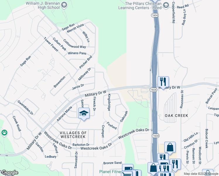 map of restaurants, bars, coffee shops, grocery stores, and more near 11610 Kintbury in San Antonio