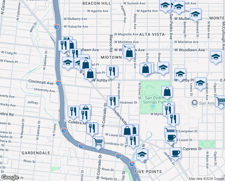 map of restaurants, bars, coffee shops, grocery stores, and more near 216 Blanco Road in San Antonio