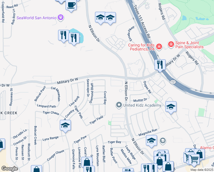 map of restaurants, bars, coffee shops, grocery stores, and more near 1515 Tempestuous in San Antonio
