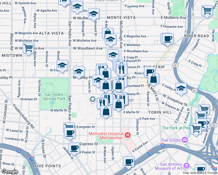 map of restaurants, bars, coffee shops, grocery stores, and more near 112 East Courtland Place in San Antonio