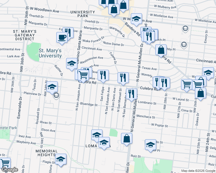 map of restaurants, bars, coffee shops, grocery stores, and more near 2842 Culebra Road in San Antonio