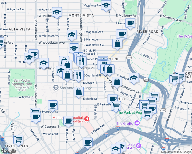 map of restaurants, bars, coffee shops, grocery stores, and more near 420 East Courtland Place in San Antonio