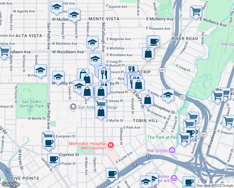 map of restaurants, bars, coffee shops, grocery stores, and more near 420 East Courtland Place in San Antonio