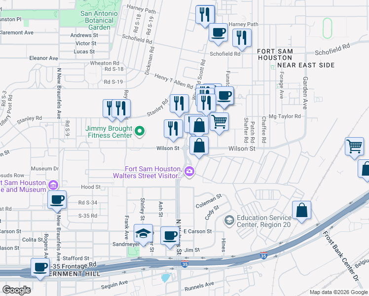 map of restaurants, bars, coffee shops, grocery stores, and more near in San Antonio