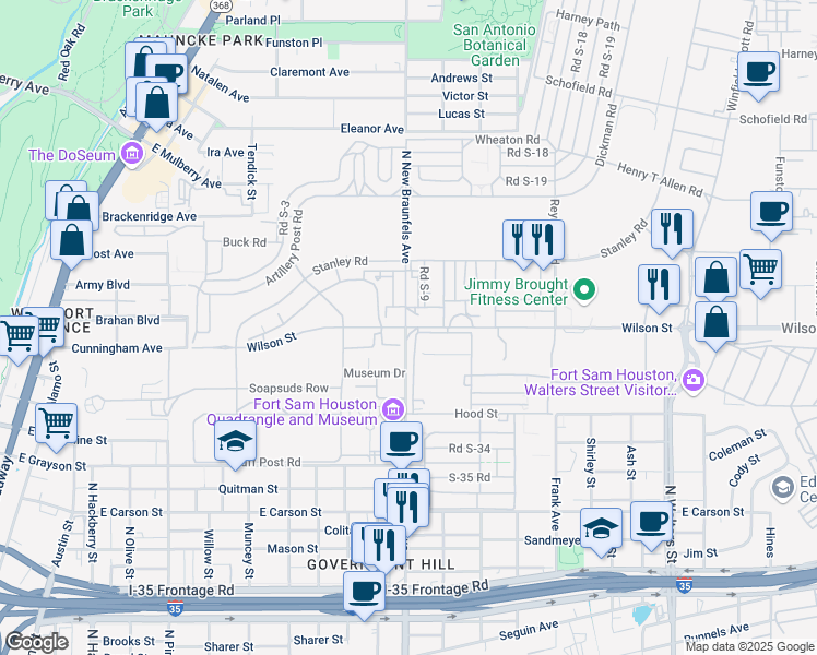 map of restaurants, bars, coffee shops, grocery stores, and more near 2080 Wilson Street in San Antonio