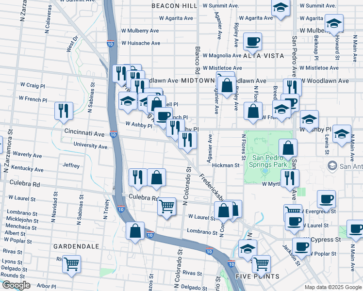 map of restaurants, bars, coffee shops, grocery stores, and more near 140 Cincinnati Avenue in San Antonio