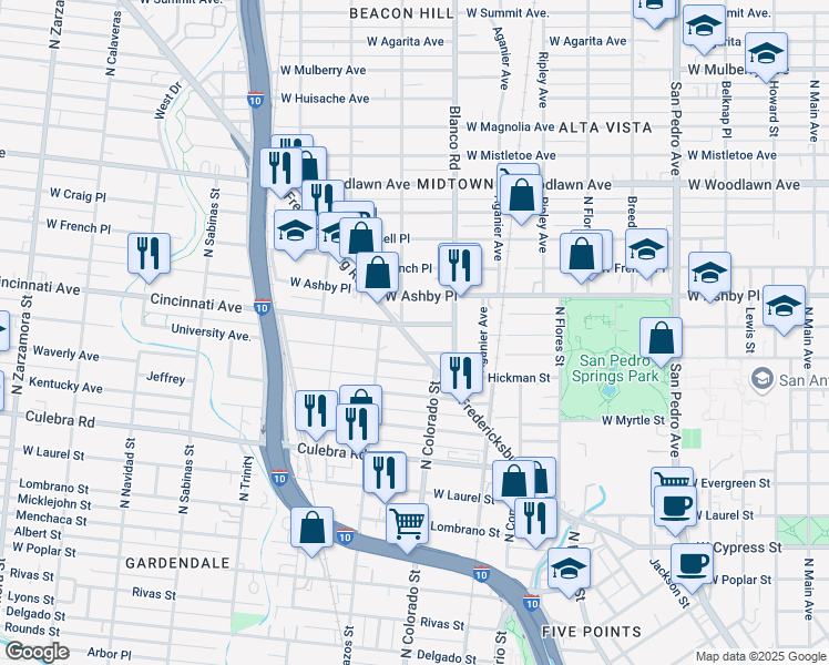 map of restaurants, bars, coffee shops, grocery stores, and more near 140 Cincinnati Avenue in San Antonio