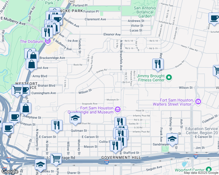map of restaurants, bars, coffee shops, grocery stores, and more near 2080 Wilson Street in San Antonio