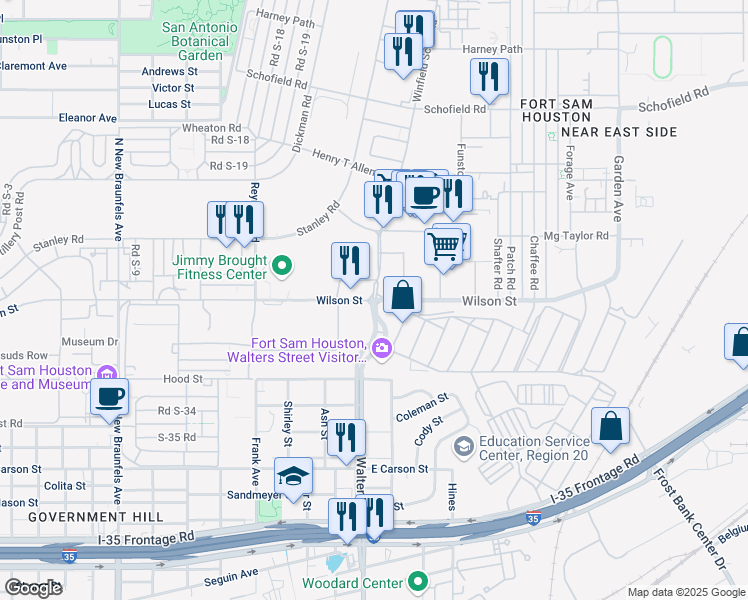 map of restaurants, bars, coffee shops, grocery stores, and more near 2490 7th Street in Fort Sam Houston