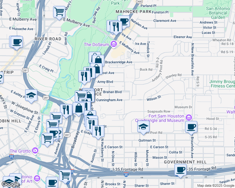 map of restaurants, bars, coffee shops, grocery stores, and more near 320 Brahan Boulevard in San Antonio