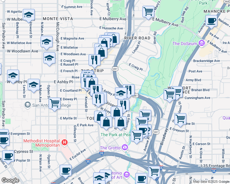 map of restaurants, bars, coffee shops, grocery stores, and more near 749 East Ashby Place in San Antonio