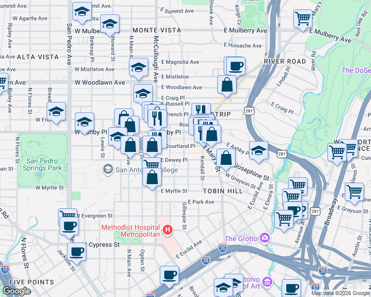 map of restaurants, bars, coffee shops, grocery stores, and more near 420 East Courtland Place in San Antonio