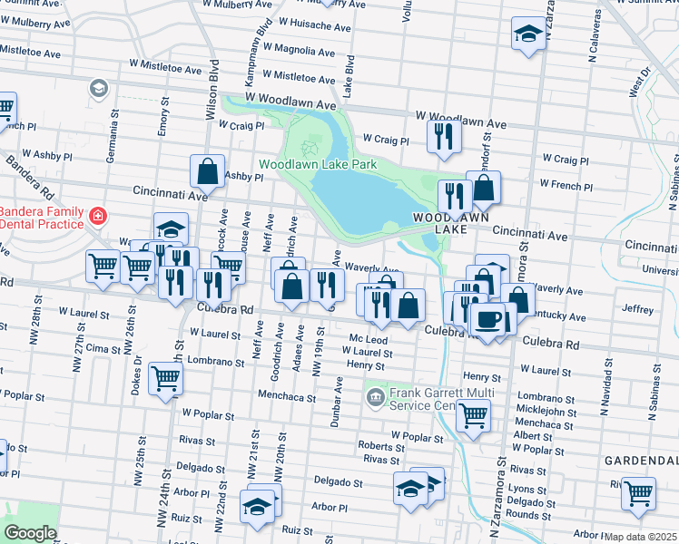 map of restaurants, bars, coffee shops, grocery stores, and more near 1308 Waverly Avenue in San Antonio