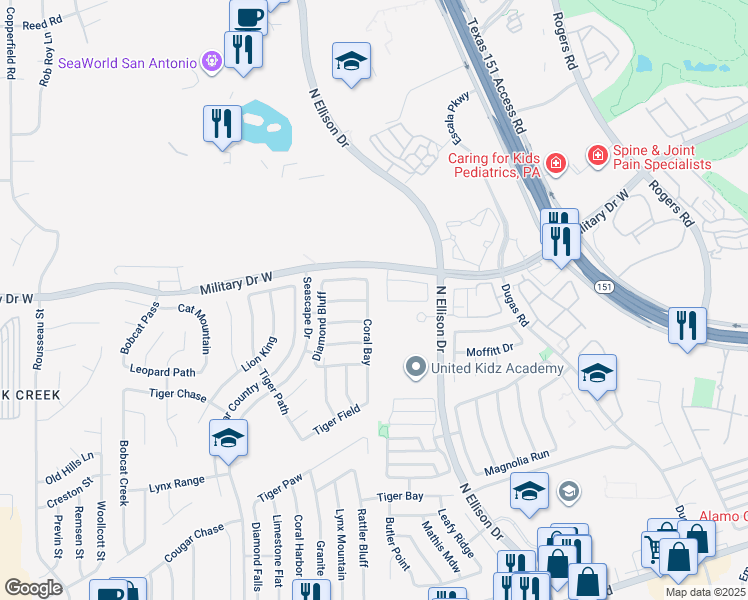 map of restaurants, bars, coffee shops, grocery stores, and more near 1515 Tempestuous in San Antonio