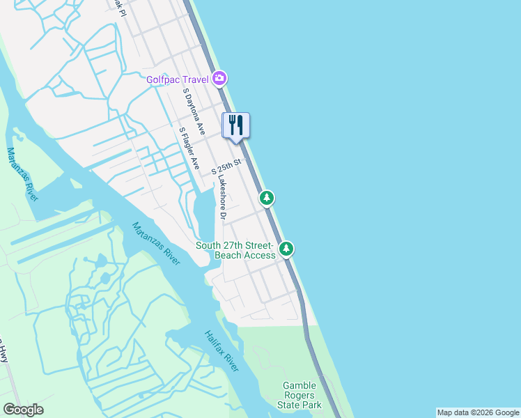 map of restaurants, bars, coffee shops, grocery stores, and more near 2570 South Oceanshore Boulevard in Flagler Beach