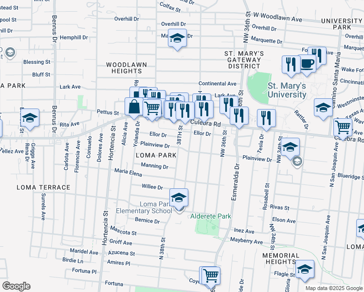 map of restaurants, bars, coffee shops, grocery stores, and more near 1202 Northwest 38th Street in San Antonio