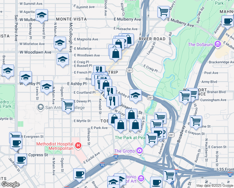 map of restaurants, bars, coffee shops, grocery stores, and more near 714 East Ashby Place in San Antonio