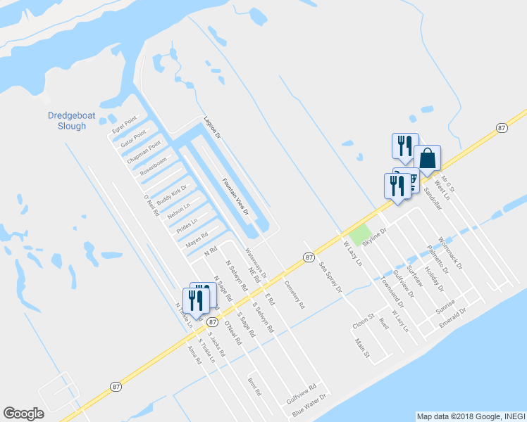 map of restaurants, bars, coffee shops, grocery stores, and more near 1085 Lagoon Drive in Bolivar Peninsula