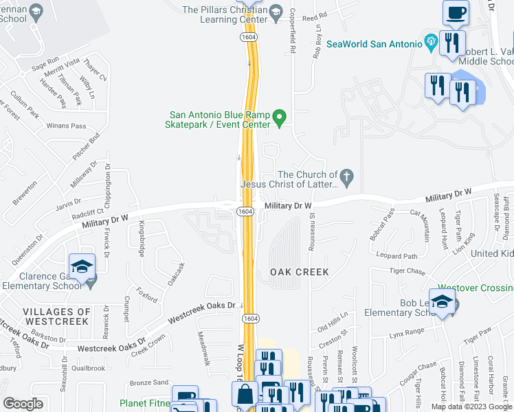 map of restaurants, bars, coffee shops, grocery stores, and more near Rte 1604 Loop & Military Dr W in San Antonio