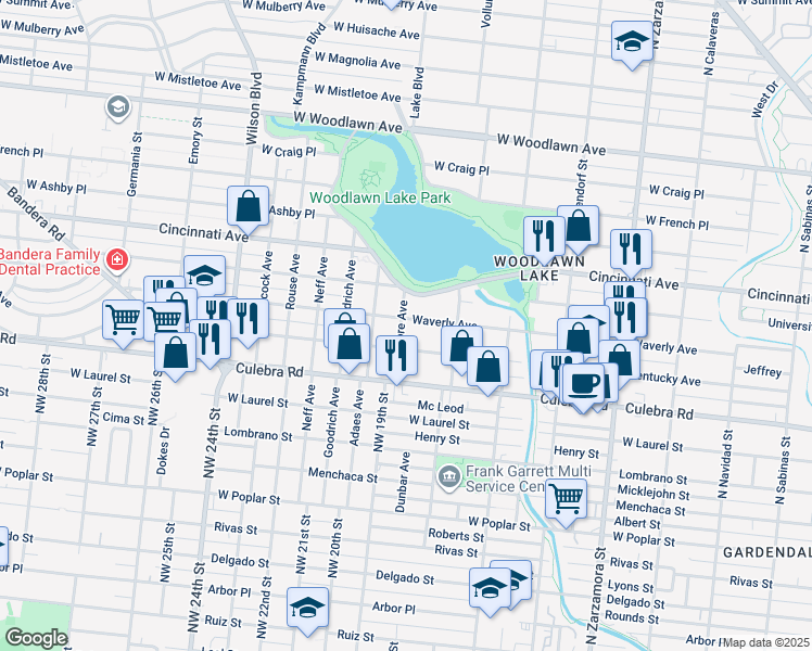 map of restaurants, bars, coffee shops, grocery stores, and more near 1308 Waverly Avenue in San Antonio