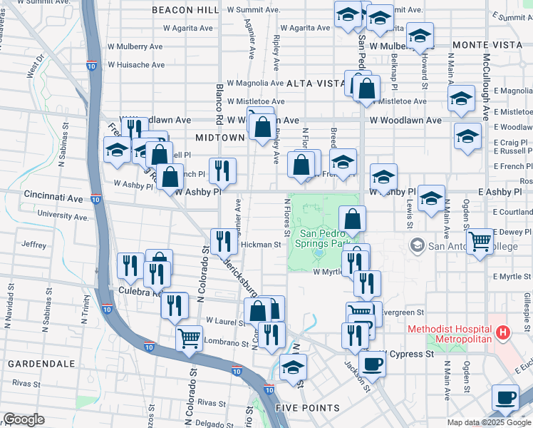 map of restaurants, bars, coffee shops, grocery stores, and more near 129 Krempkau in San Antonio