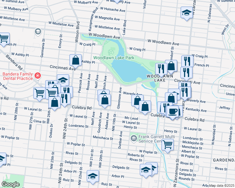 map of restaurants, bars, coffee shops, grocery stores, and more near 1308 Waverly Avenue in San Antonio