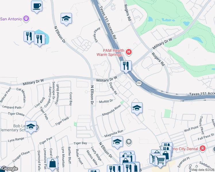 map of restaurants, bars, coffee shops, grocery stores, and more near 8823 Dugas Drive in San Antonio