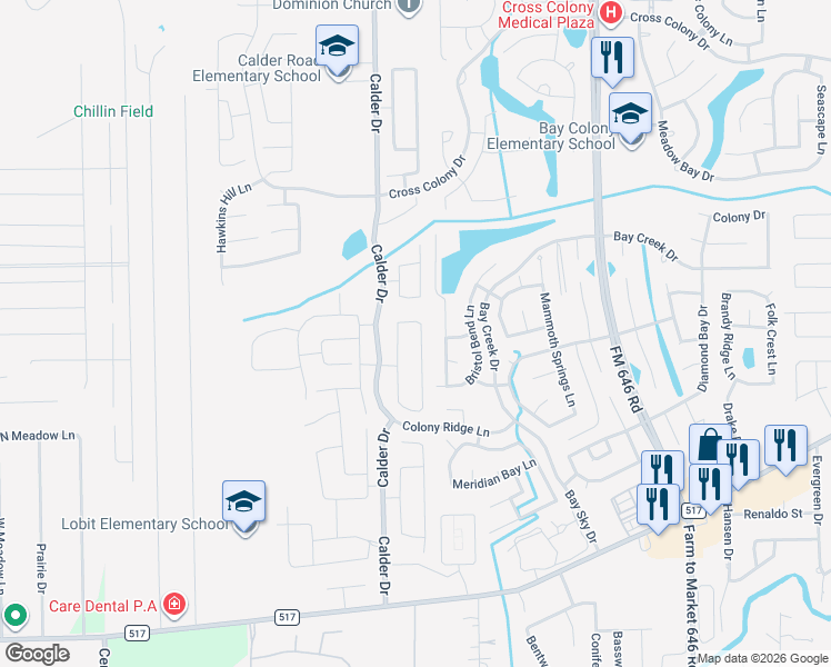 map of restaurants, bars, coffee shops, grocery stores, and more near 6708 Hidden Colony Ln in Dickinson