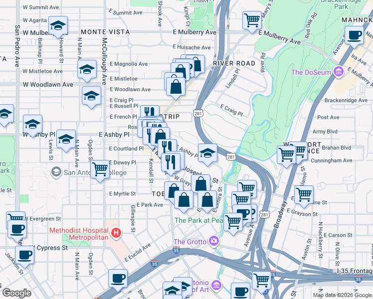 map of restaurants, bars, coffee shops, grocery stores, and more near 714 East Ashby Place in San Antonio