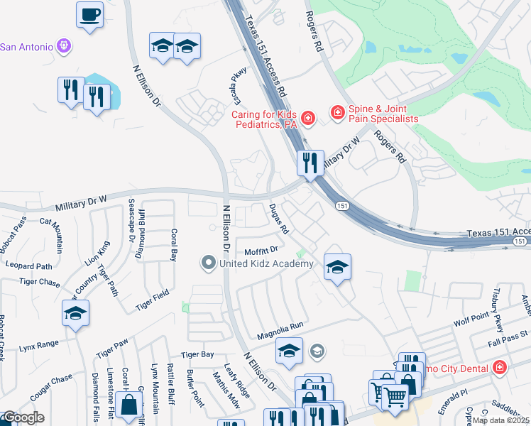 map of restaurants, bars, coffee shops, grocery stores, and more near 8823 Dugas Drive in San Antonio