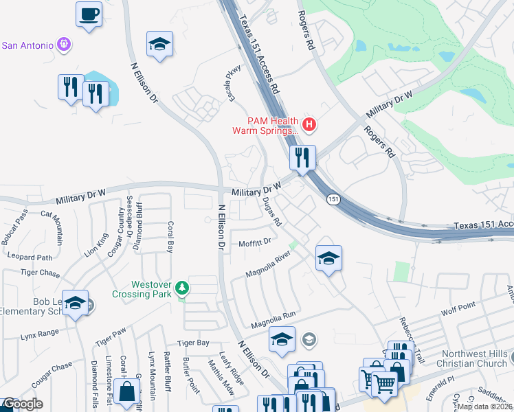 map of restaurants, bars, coffee shops, grocery stores, and more near 8823 Dugas Drive in San Antonio