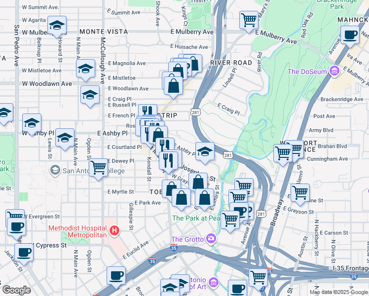 map of restaurants, bars, coffee shops, grocery stores, and more near 714 East Ashby Place in San Antonio