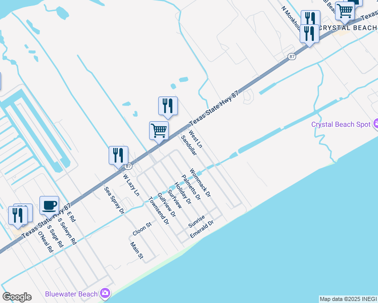 map of restaurants, bars, coffee shops, grocery stores, and more near 951 Sandollar in Bolivar Peninsula