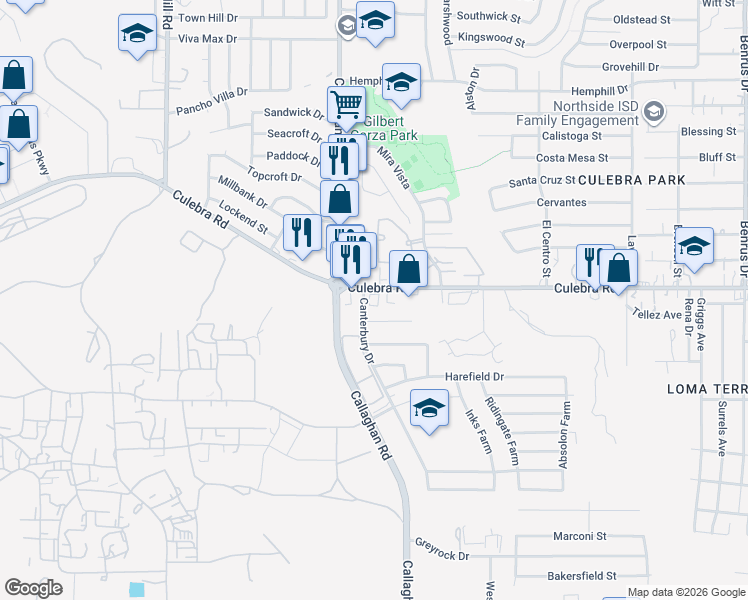 map of restaurants, bars, coffee shops, grocery stores, and more near 5818 Culebra Road in San Antonio
